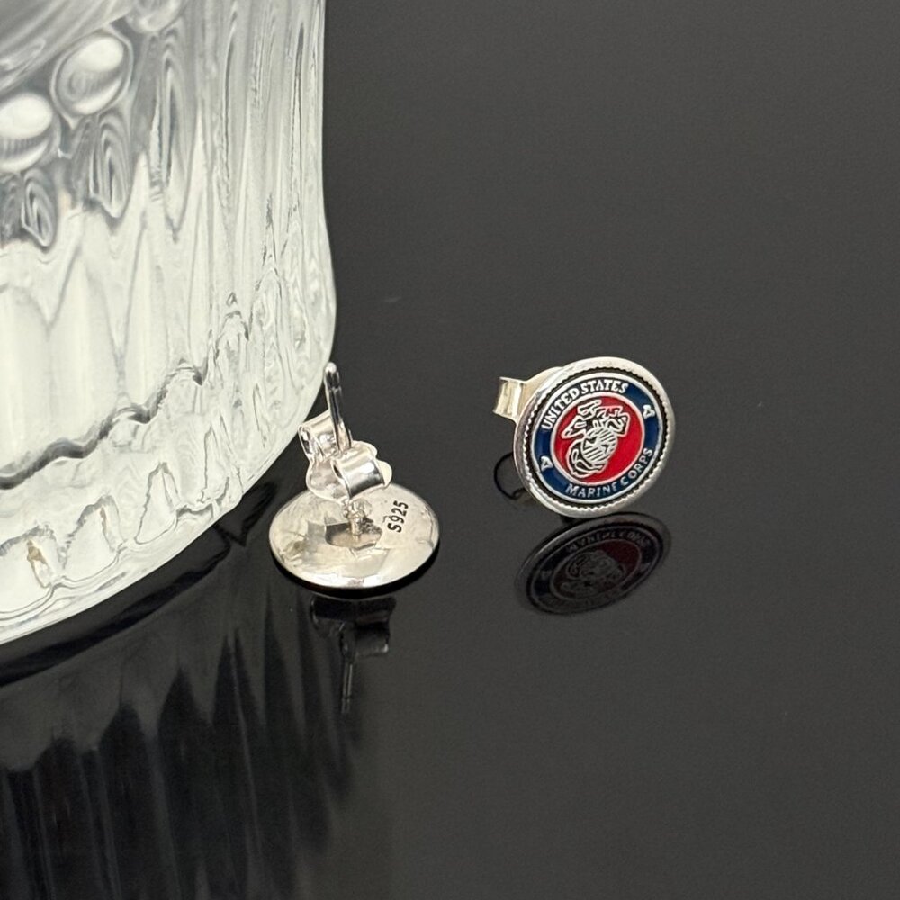 USMC Marine Corps Earrings S925 Sterling Silver Handmade Ear Stud - Picture 3 of 3